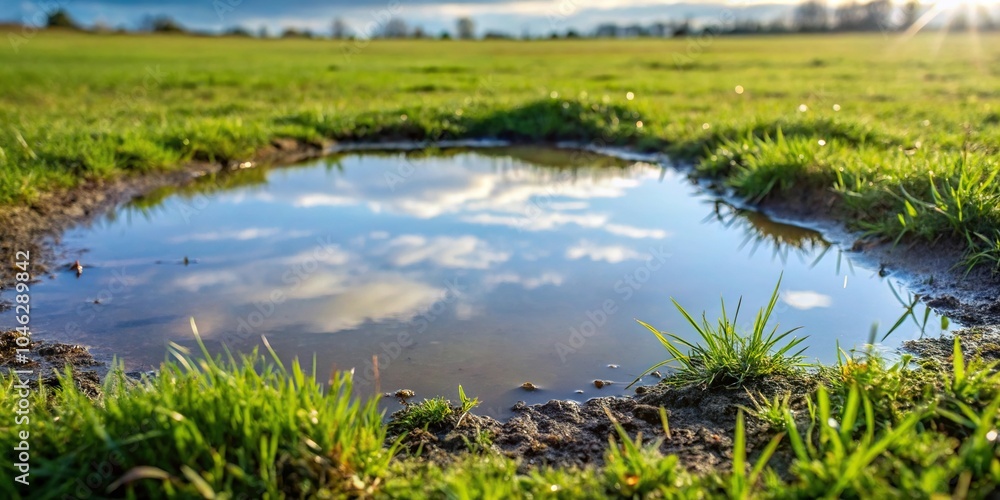 Water puddle standing on a grassy field with a tilted angle Water puddle standing on a grassy field with a tilted angle