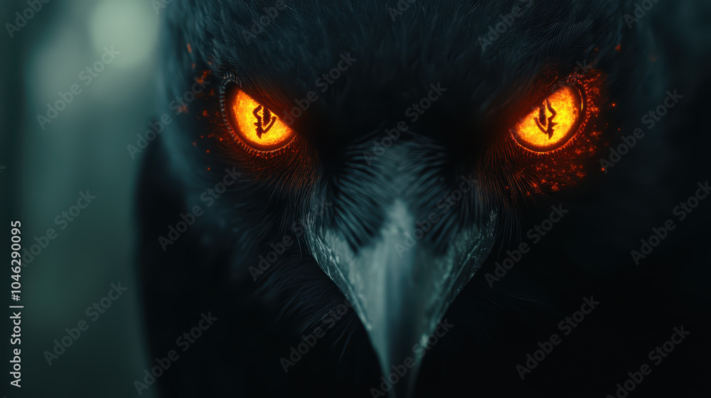 close up of dark bird with striking orange eyes, showcasing intricate details in its feathers and intense gaze. atmosphere is mysterious and captivating, drawing attention to birds fierce expression close up of dark bird with striking orange eyes, showcasing intricate details in its feathers and intense gaze. atmosphere is mysterious and captivating, drawing attention to birds fierce expression