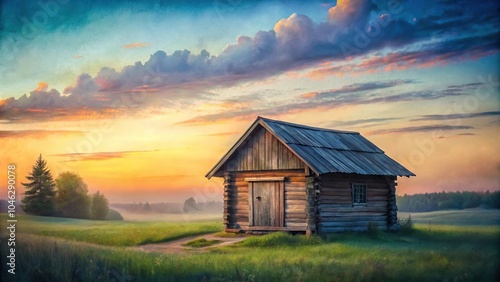 watercolor painting of wooden hut in countryside at twilight