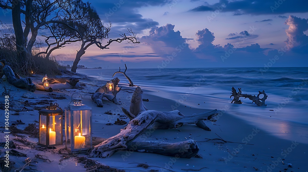 Obraz premium A twilight beach with candles lanterns and driftwood