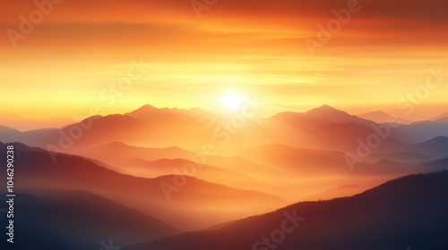 Breathtaking sunrise over misty mountains, showcasing vibrant orange and yellow hues blending into soft blues. serene landscape that evokes tranquility and awe