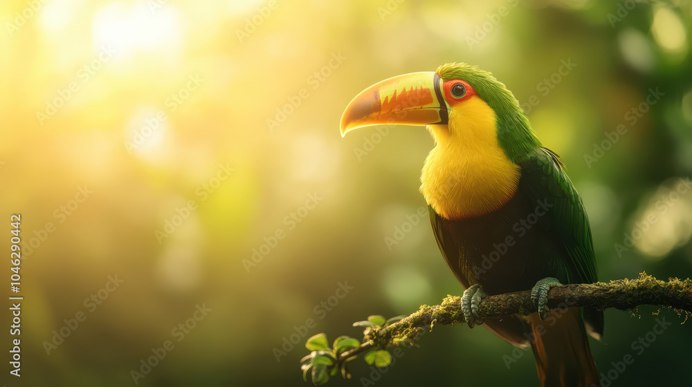 Fototapeta premium vibrant toucan perched on branch, basking in warm sunlight, showcases its striking yellow and green plumage. lush background enhances birds colorful features, creating serene atmosphere