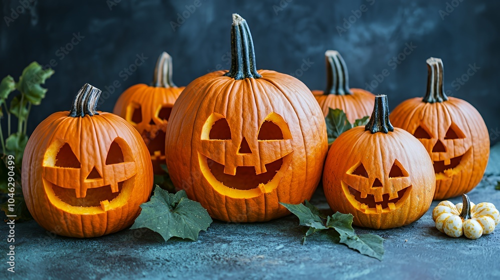 Five carved jack-o'-lanterns with happy faces and one small white pumpkin with green leaves on a dark blue background. Five carved jack-o'-lanterns with happy faces and one small white pumpkin with green leaves on a dark blue background.