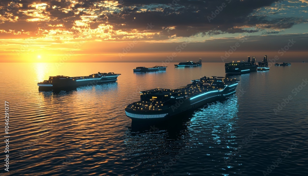 An aerial view of illuminated ships navigating a calm sea at sunset, showcasing vibrant colors reflecting on the water. An aerial view of illuminated ships navigating a calm sea at sunset, showcasing vibrant colors reflecting on the water.