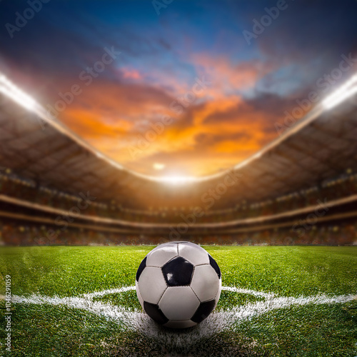 Bola de futebol detalhada no campo, com arquibancadas cheias e a iluminação do estádio destacando a cena noturna. photo