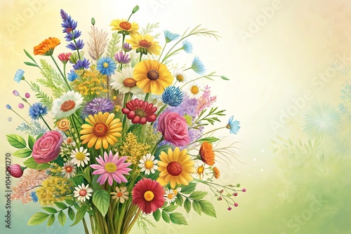 Whimsical illustration of a bouquet with an assortment of wildflowers and foliage, blooms, field flowers, blossoms, greenery