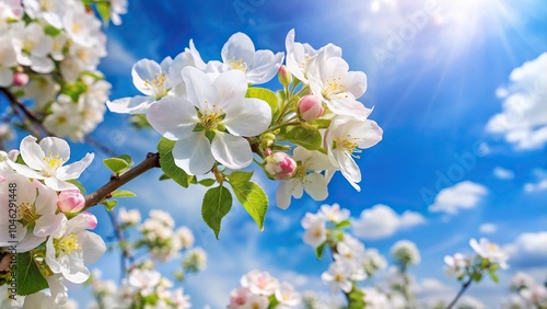 white apple blossom against a bright spring sky Low Angle