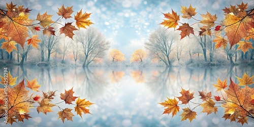 winter scene with autumn leaves in the snow