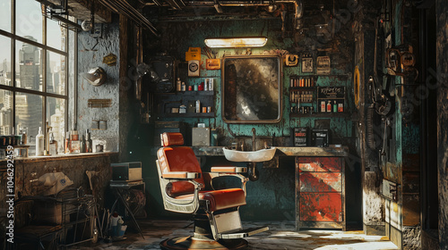 Rustic barber shop interior with vintage decor, old barber chair, and a large window view