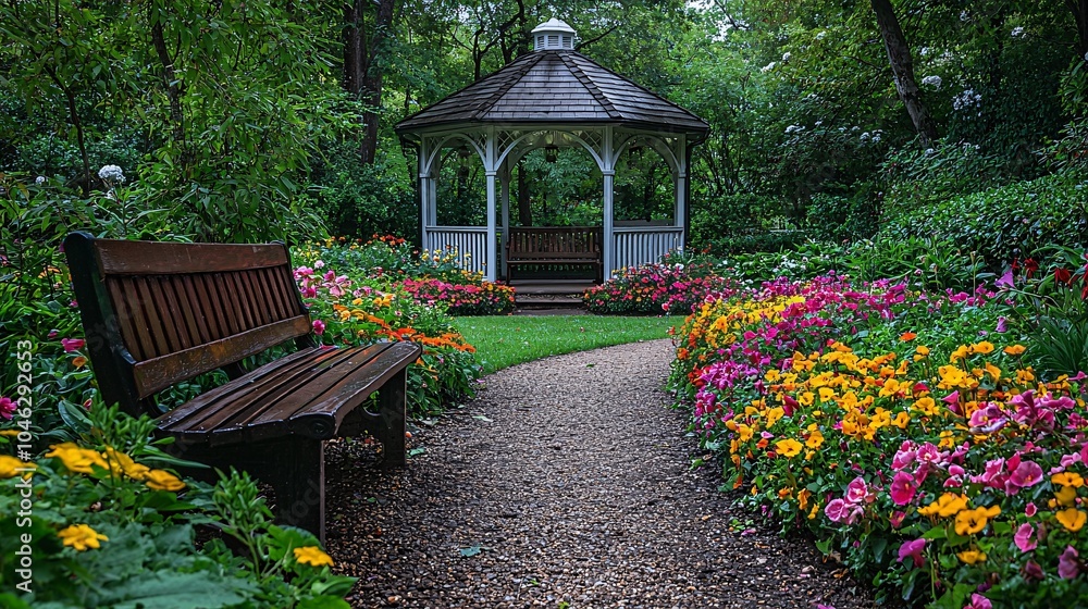 Garden Path with Bench Gazebo and Blooming Flowers Garden Path with Bench Gazebo and Blooming Flowers
