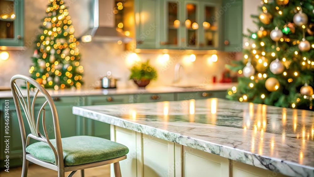 A kitchen island with a marble countertop, adorned with twinkling lights, and a chair with a green cushion stands in the foreground. A kitchen island with a marble countertop, adorned with twinkling lights, and a chair with a green cushion stands in the foreground.