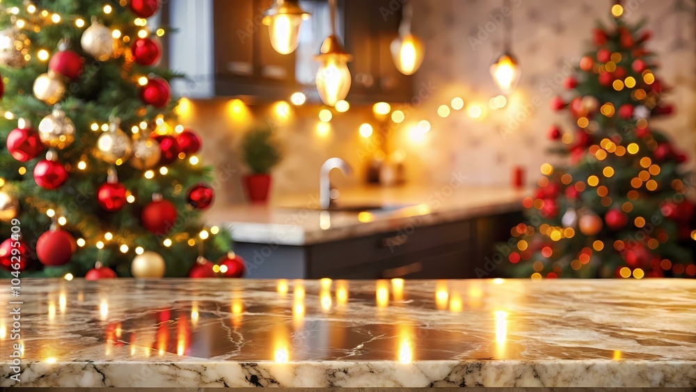A marble countertop sits in front of a blurry background with a Christmas tree decorated with red and gold ornaments, with a warm glow of lights. A marble countertop sits in front of a blurry background with a Christmas tree decorated with red and gold ornaments, with a warm glow of lights.