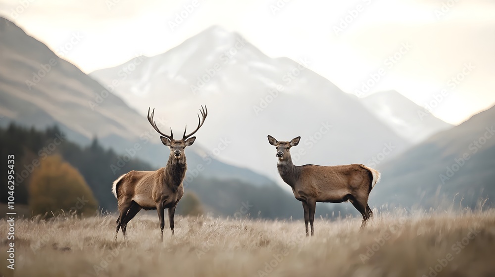 Fototapeta premium Deer Pair Peacefully Standing in Lush Summer Meadow with Mountain Backdrop