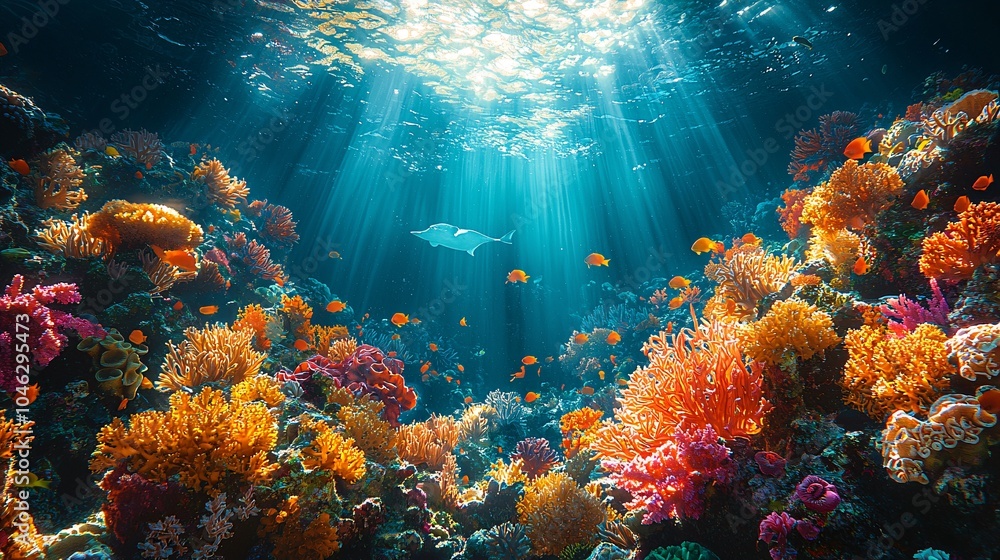 Fototapeta premium Vibrant Coral Reef Underwater Scene With Fish and Sunbeams