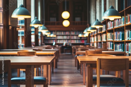 Wallpaper Mural A quiet library workspace with wooden tables and comfortable chairs. Soft lighting creates a calm atmosphere for reading Torontodigital.ca