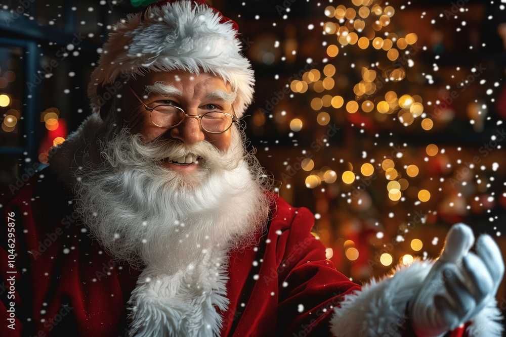 A magical and festive portrait of Santa Claus in a cozy winter setting, smiling with joy, surrounded by bokeh lights and falling snowflakes, spreading holiday cheer A magical and festive portrait of Santa Claus in a cozy winter setting, smiling with joy, surrounded by bokeh lights and falling snowflakes, spreading holiday cheer