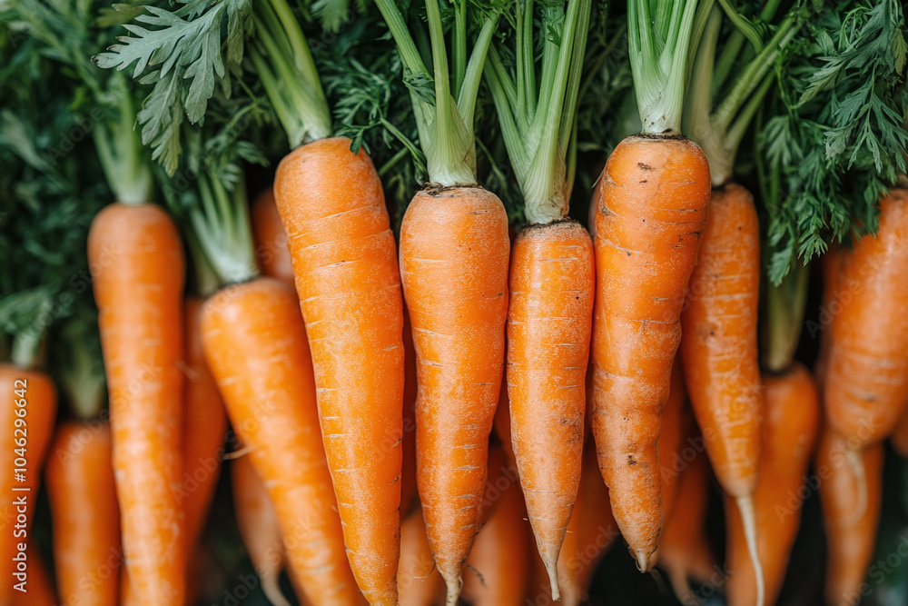Close-up of a bunch of carrots with their leafy green tops attached. Close-up of a bunch of carrots with their leafy green tops attached.