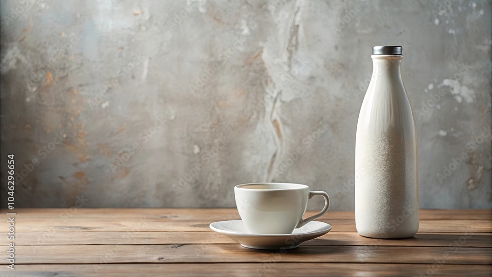 A ceramic bottle and a white coffee cup on a rustic wood table with a textured gray background. A ceramic bottle and a white coffee cup on a rustic wood table with a textured gray background.