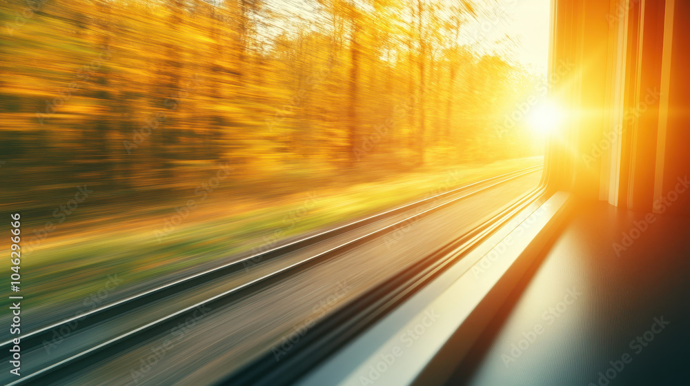 scenic view from moving train, showcasing vibrant autumn foliage and warm glow of sun setting in distance. blurred landscape evokes sense of speed and adventure scenic view from moving train, showcasing vibrant autumn foliage and warm glow of sun setting in distance. blurred landscape evokes sense of speed and adventure