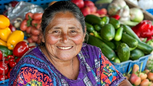 A woman smiles warmly in front of a vibrant display of fresh produce at a market