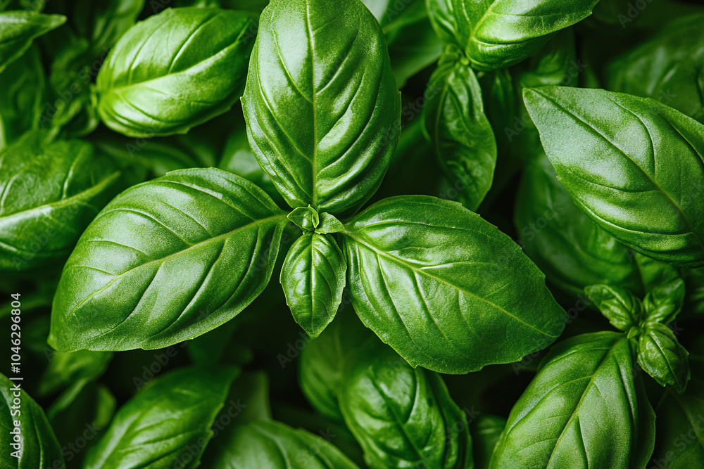 Close-up of a bunch of fresh basil leaves with visible veins and a rich green color. Close-up of a bunch of fresh basil leaves with visible veins and a rich green color.