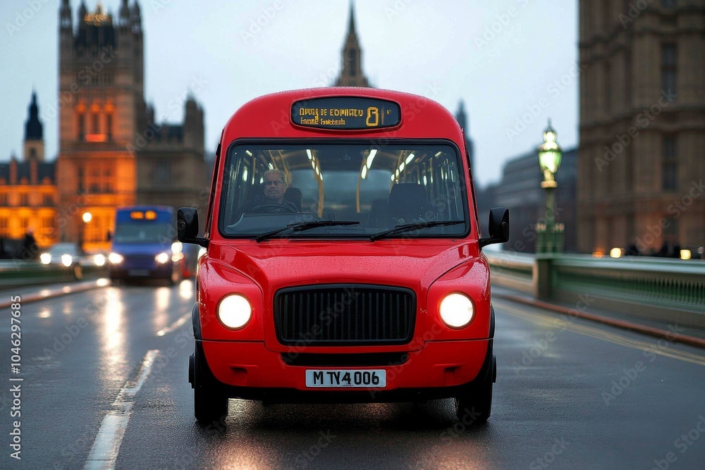 Obraz premium A city street in London with classic red buses, black cabs, and historic buildings in the background, representing the iconic and timeless feel of the British capital
