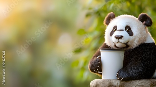 Chubby Panda Cartoon Leaning on Blank Coffee Mug with Copy Space