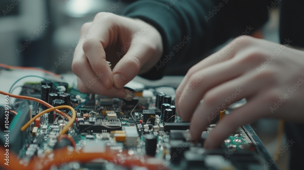 Close-up of hands working on electronic circuit board Close-up of hands working on electronic circuit board