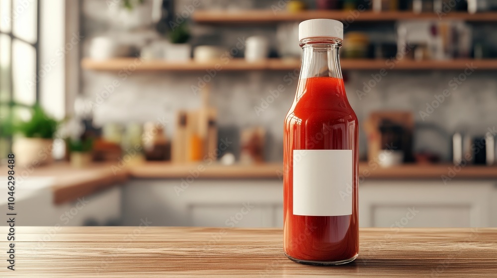 A glass bottle of ketchup sits on a wooden table in a kitchen setting. A glass bottle of ketchup sits on a wooden table in a kitchen setting.