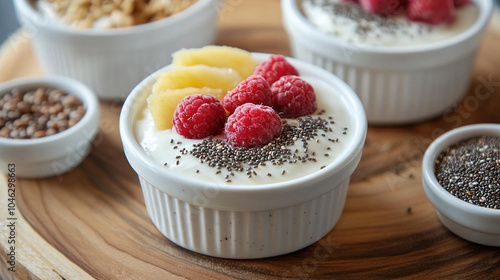 Greek yogurt with basil seeds, cherry, and pineapple fruit