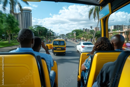 A crowded minibus (matatu) speeding through the streets of Nairobi, capturing the vibrant, fast-paced nature of public transit in Kenya photo