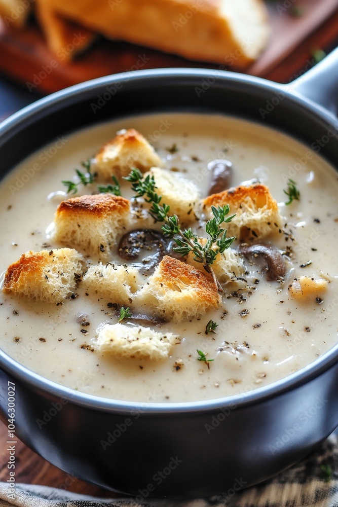 Cream of Mushroom Soup. Rustic Fall Theme with Savoury Herb Infused Pan Saucepan Cream of Mushroom Soup. Rustic Fall Theme with Savoury Herb Infused Pan Saucepan