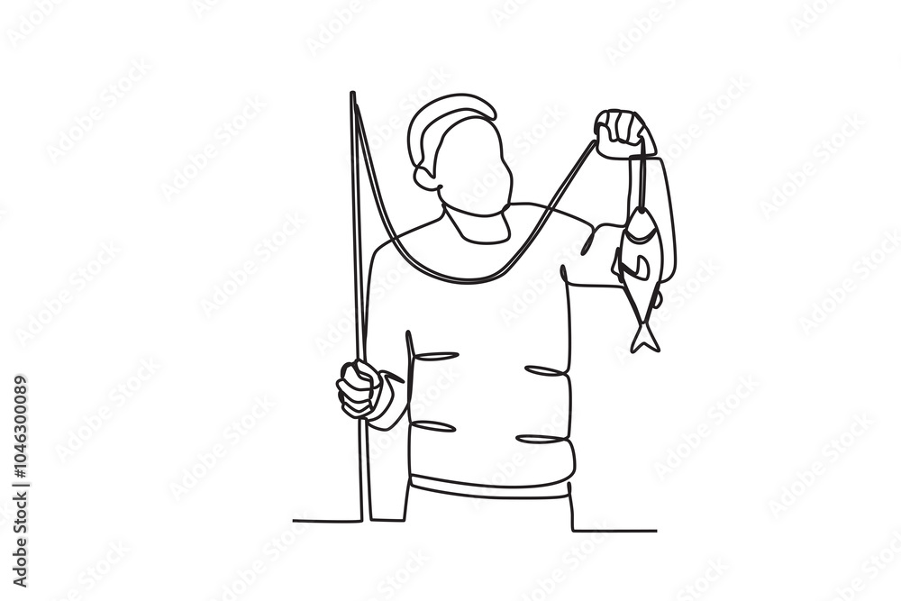Obraz premium Continuous one line drawing of The man who was fishing caught a fish