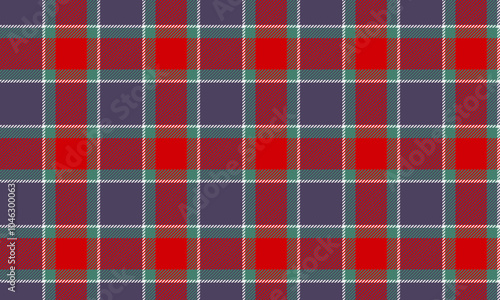 Plaid fabric pattern, purple, red, green, white, modern seamless cross lines for textiles, and for designing clothes, skirts or decorative fabrics. Vector illustration.