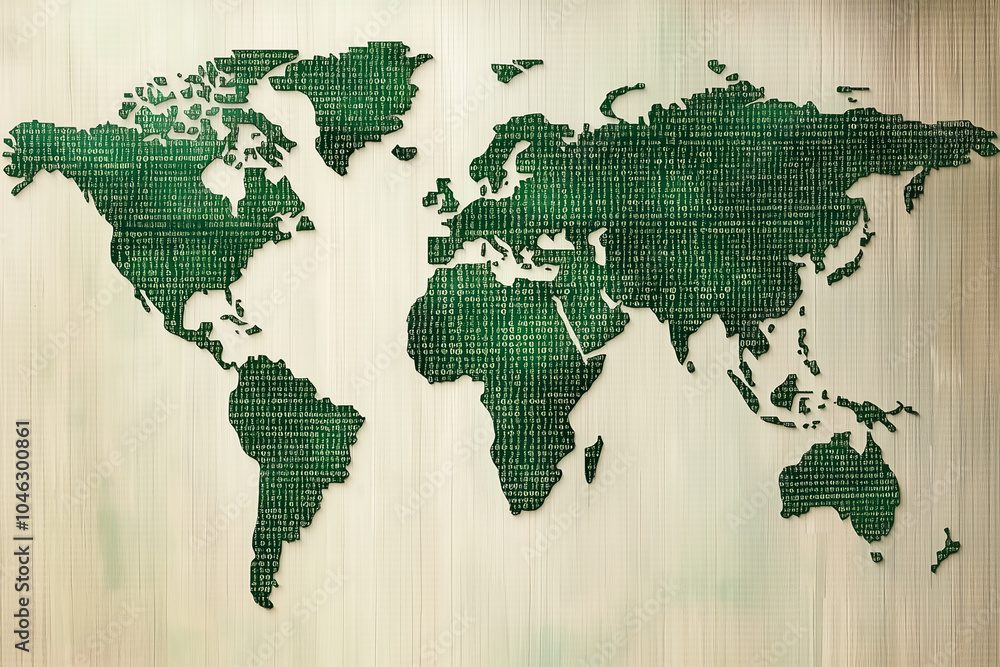 Fototapeta premium The artwork features a stylized world map crafted from dark binary code symbols, emphasizing the digital age's impact