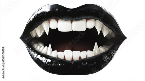A wide-open mouth with black lips and white teeth.