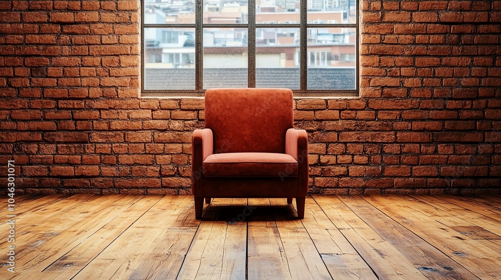 Cozy armchair in a rustic room with brick walls and wooden floor. Cozy armchair in a rustic room with brick walls and wooden floor.