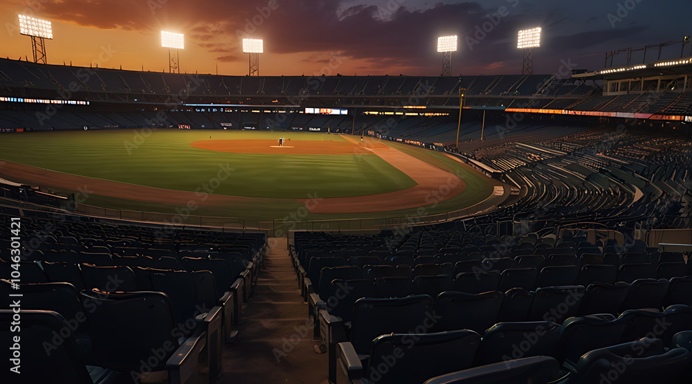 Fototapeta premium An empty stadium at sunset, with a single spotlight shining on the center field, symbolizing the aftermath of a thrilling game.