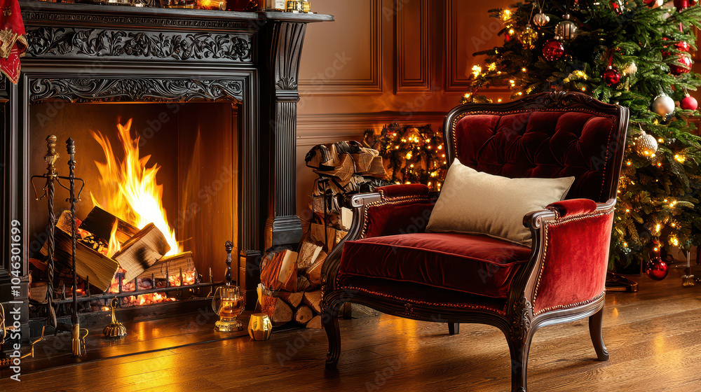 Cozy living room featuring a luxurious red armchair beside a roaring fireplace, decorated Christmas tree in the background Cozy living room featuring a luxurious red armchair beside a roaring fireplace, decorated Christmas tree in the background