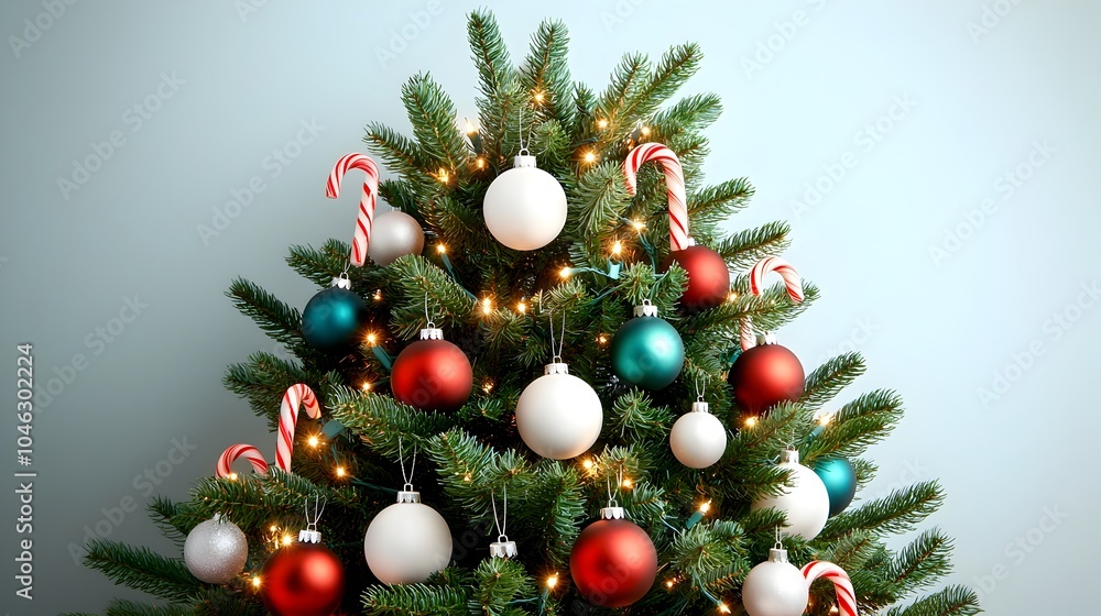 A cozy and festive Christmas tree adorned with colorful ornaments candy canes and twinkling lights creating a warm and inviting setting perfect for the holiday season A cozy and festive Christmas tree adorned with colorful ornaments candy canes and twinkling lights creating a warm and inviting setting perfect for the holiday season