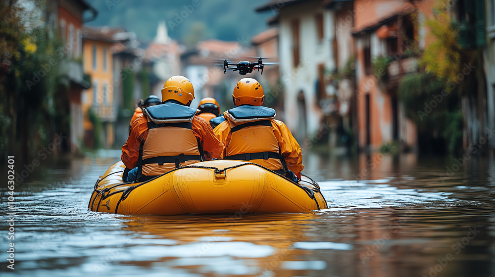 Rescue team navigating flood waters in a yellow inflatable raft. Rescue team navigating flood waters in a yellow inflatable raft.