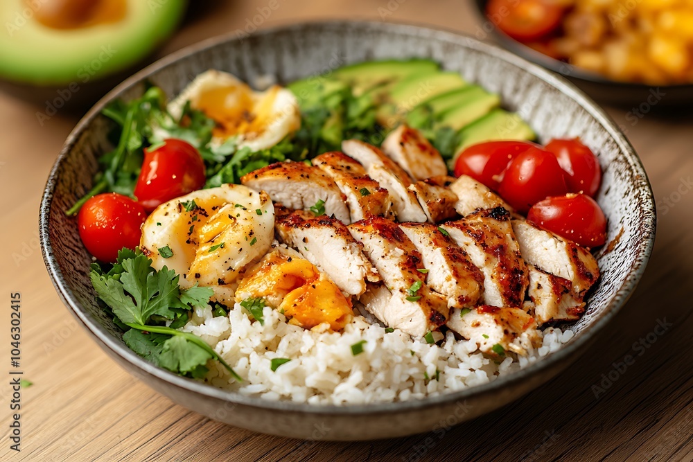 A delicious bowl featuring grilled chicken, rice, avocado, cherry tomatoes, and herbs. A delicious bowl featuring grilled chicken, rice, avocado, cherry tomatoes, and herbs.