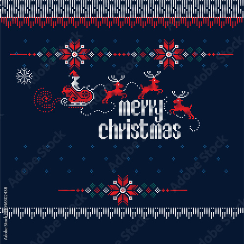 Seamless fabric with a dot design Santa Claus and Reindeer in Winter Christmas. classic winter knitted pattern vector style. Designed for the backdrop on dark blue background
