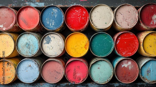 Vibrant collection of weathered enamel paint cans arranged in a colorful display, showcasing their unique textures and hues photo