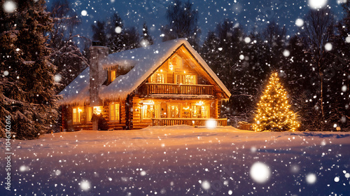 cozy mountain cabin with snow falling softly around it, illuminated by warm lights, creates serene winter atmosphere. surrounding trees and festive decorations enhance enchanting scene