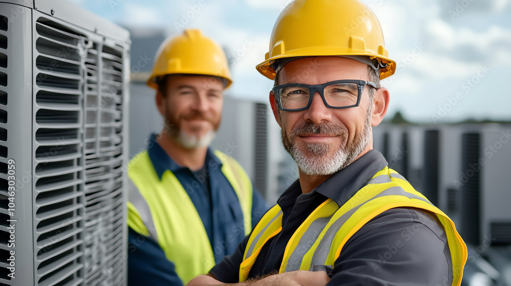 Two construction workers in safety gear, smiling at a worksite. Two construction workers in safety gear, smiling at a worksite.