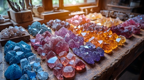 Close up photography of a collection of raw uncut gemstones displayed on a jeweler s table with various cutting and polishing tools in the background photo