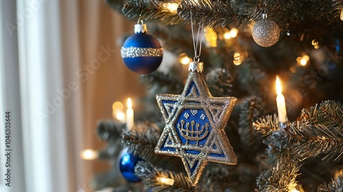 Blue and silver Hanukkah decorations on a Christmas tree, blending holiday themes photo