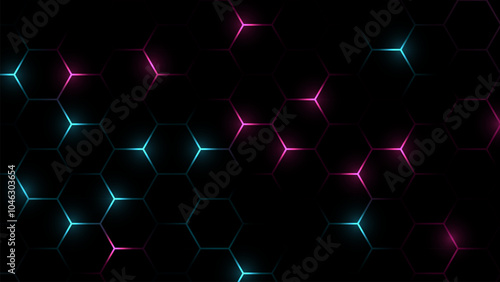 Hexagon grid tech pattern. Hexagonal cyberspace green background. Hexagonal gaming vector tech illustration black abstract background.
