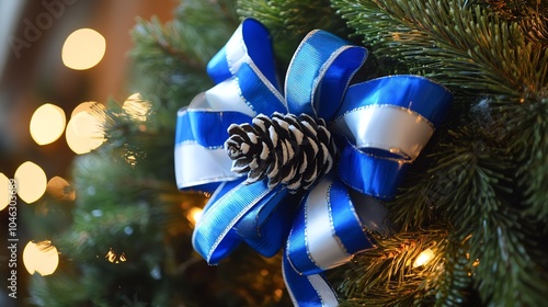 Blue and white Hanukkah ribbons adorning a Christmas wreath, holiday combination photo